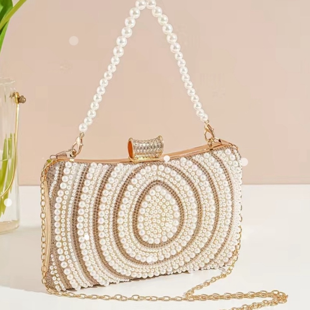 Beaded clutch bag with detachable Faux Pearl bracelet metal long shoulder chain.